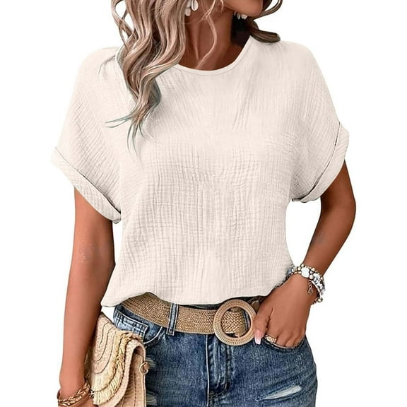Beige Tshirts for Women's Summer Solid Color Casual Loose Double Wrinkle Solid Color Round Neck Short Sleeved T Shirt Summer Tops