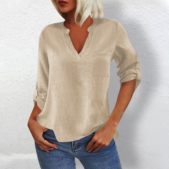 Beige Tshirts for Womens 2025 Summer Notched Neck 3/4 Sleeve Work Blouse Tee Shirt Top for Women Summer Tops