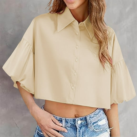 Beige Tshirts for Womens Cute Sleeve Crop Tops Collar Button Down Loose Tees Shirts Blouse Summer Tops