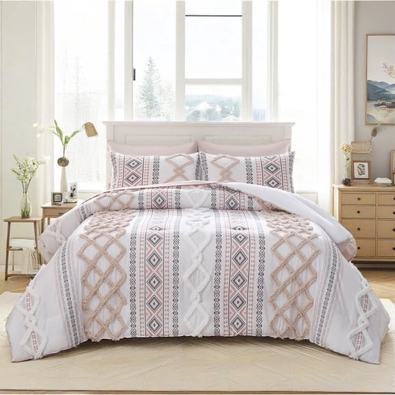 Beige Tufted Comforter Set 5 Pieces Boho Textured Bedding Set Soft Microfiber Geometric Design Aztec Comforter Set with 2 Decor Pillow Cover
