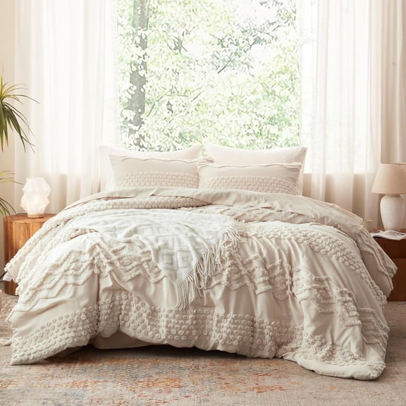 Beige Tufted Comforter Set King Size 3 Pieces Boho Shabby Chic Comforter Farmhouse Embroidery Bed Set Soft Comforter for All Seasons