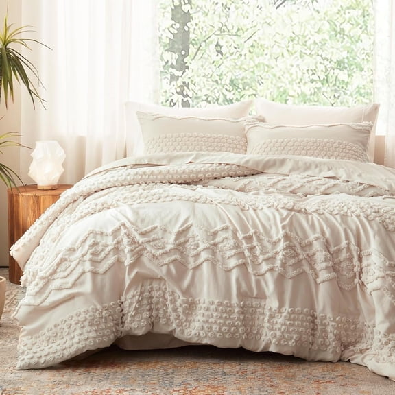Beige Tufted Comforter Set Size 3 count Boho Shabby Chic Comforter Embroidery Bedding Set Soft Comforter for Seasons (Beige, 90''x90'')