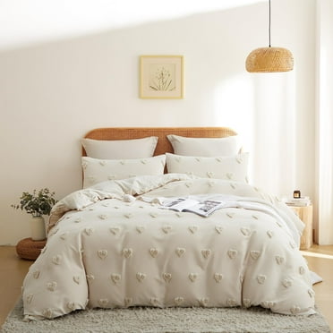 Beige Tufted Heart Dot Duvet Cover Boho Ultra Soft Jacquard Embroidery Shabby Chic Washed Microfiber Bedding Set,Queen Size