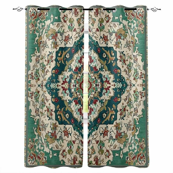 Beige Turquoise Boho Blackout Curtains for Bedroom Living Room Darkening Curtains 84 Inch Length 2 Panels Set Medieval Vintage Ethnic Floral Window Curtain Window Treatment Grommet Drapes 42"x84"