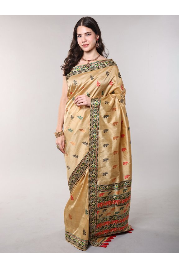 Beige Tussar Silk Saree with Woven Rhinos All-Over and Parrots Border from Assam
