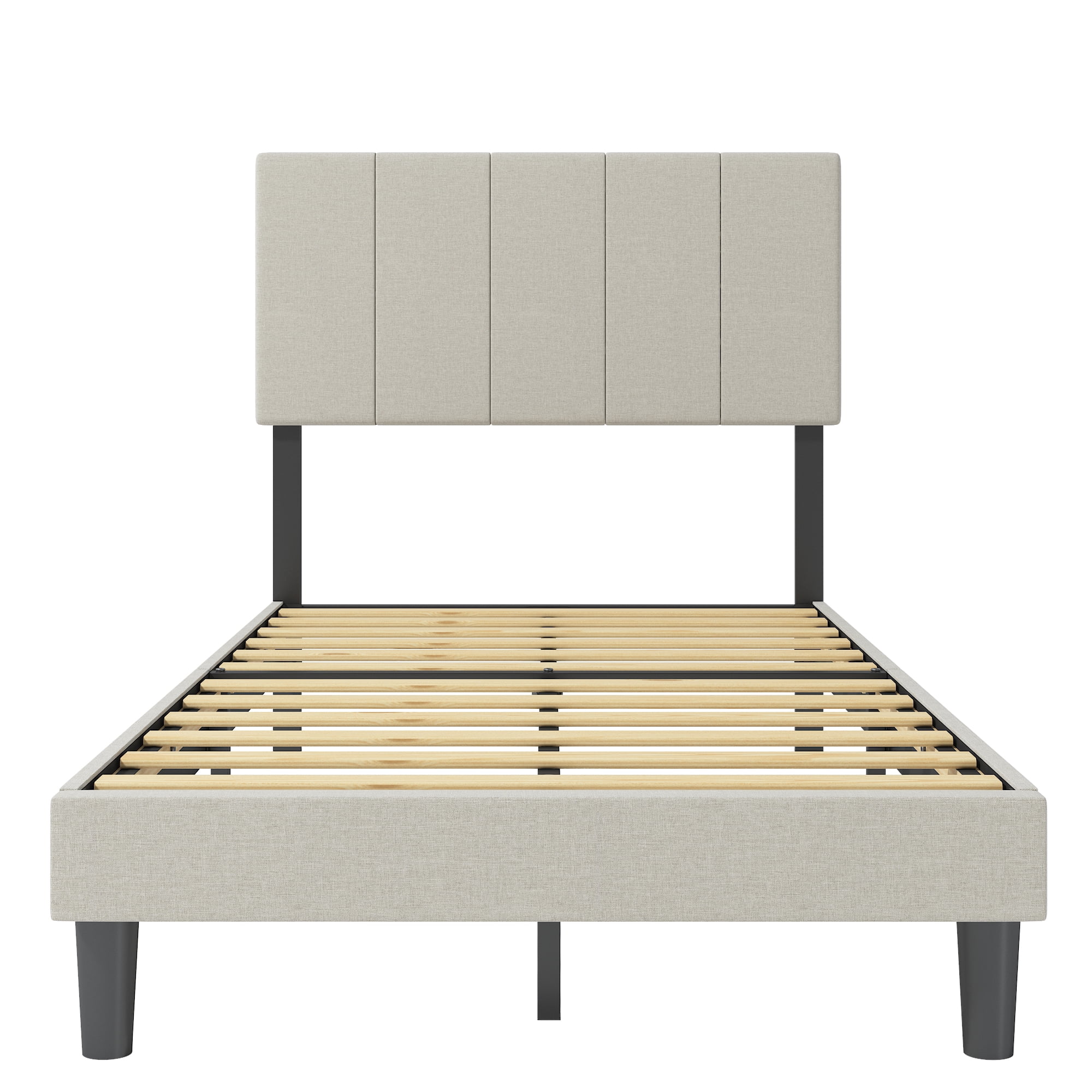 Beige Twin Bed Frame for Adults Kids, Modern Upholstered Platform Bed