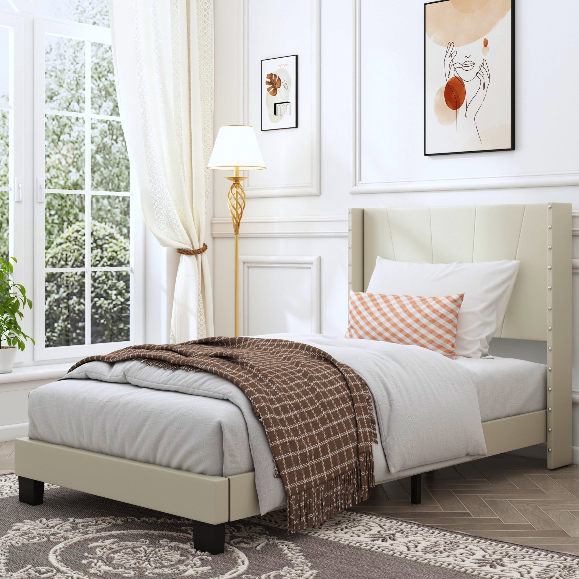 Beige Twin Bed Frame for Kids Adults Modern Fabric Upholstered Platform Bed Frame with Headboard Twin Size Bed Frame Bedroom Furniture with Wood