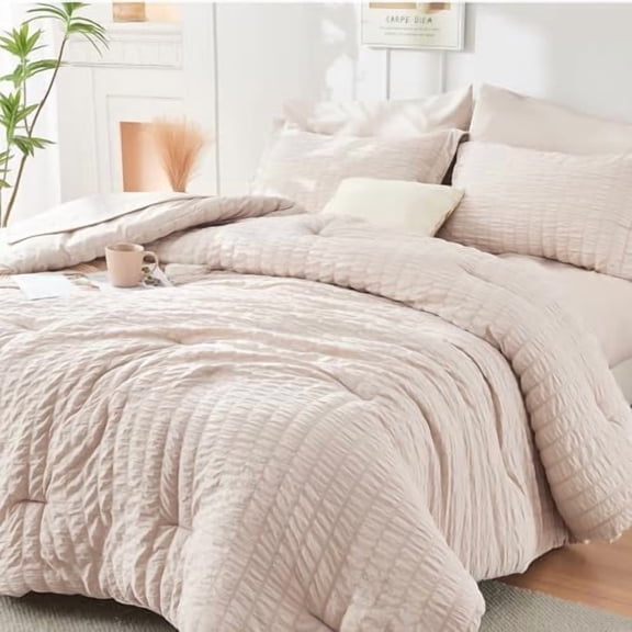 Beige Twin Comforter Set Seersucker 5 Pieces, All Season Luxury Bed in a Bag for Bedroom, Bedding Set with Comforters, Sheets, Pillowcase & Sham