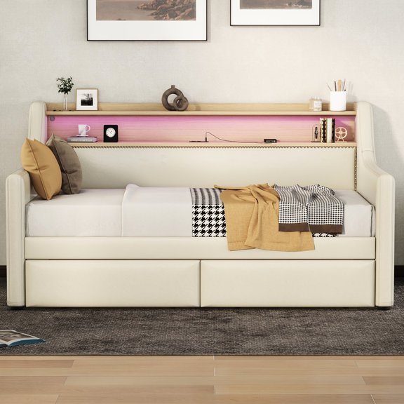 Beige Twin Daybed With Storage And Electrical Charging, Led Lights For A Stylish Appearance Charging Ports, Upholstery Illumination Display Enhancement