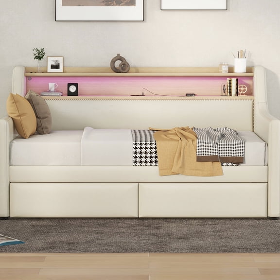 Beige Twin Daybed With Storage And Electrical Charging, Led Lights For Decorative Touch Charging Ports, Upholstery Illumination Display Enhancement