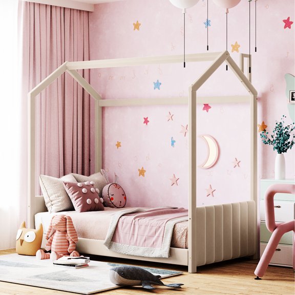 Beige Twin House Bed - Offering A Safe And Cozy Space For Velvet Providing Comfortable Stylish Sleep In