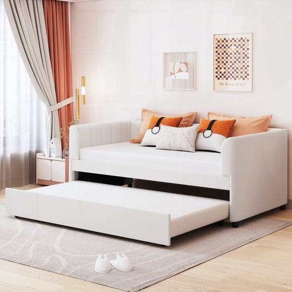 Twin Size Upholstered Daybed in Beige with Ergonomic Backrest & Twin Trundle