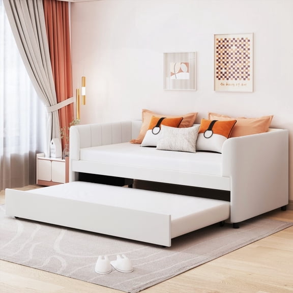 Beige Twin Size Daybed Featuring Classic Stripe Headboard & Ergonomic Backrest