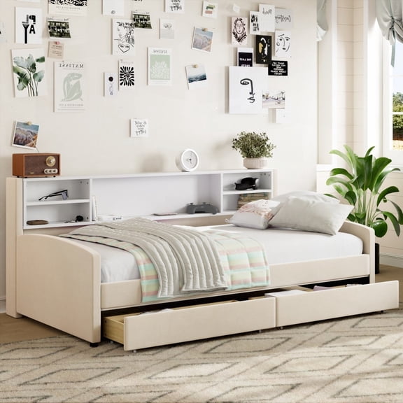 Beige Twin Size Upholstered Platform Bed - Features Soft Velvet & Storage Drawers