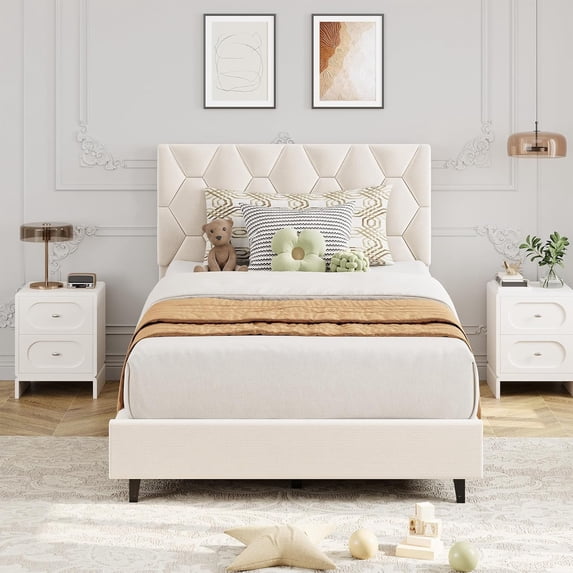 Beige Twin Upholstered Bed Frame, Heavy-Duty Platform Bed Frame with Upholstered Headboard & Strong Wood Slats, No Box Spring Needed/Noise Free/Easy Assembly