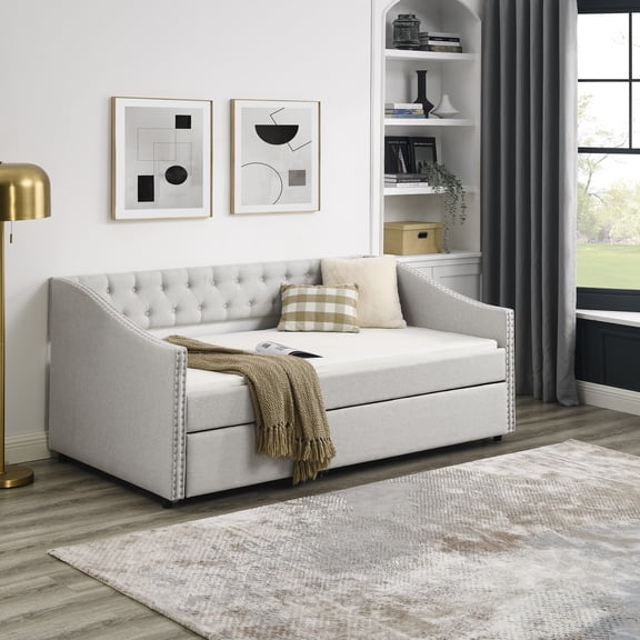 Beige Twin Upholstered Daybed with Trundle, Tufted Sofa Bed with Nailhead Trim Arms, Mid-Century Style, Eucalyptus Wood Frame, 80.5" L, Perfect for Living Room & Guest Room