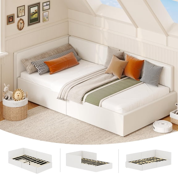 Beige Twin Velvet Upholstered Day Bed Frame Headboard Guardrail Bed Rails Solid Wood Slats Adjustable Assembly for Bedroom Guest Room