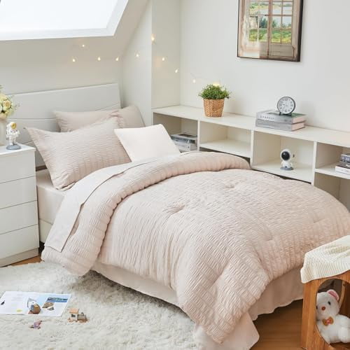Beige Twin XL Comforter Set Seersucker 5 Pieces, All Season Luxury Bed in a Bag for Bedroom, Bedding Set with Comforter, Sheets, Pillowcase & Sham