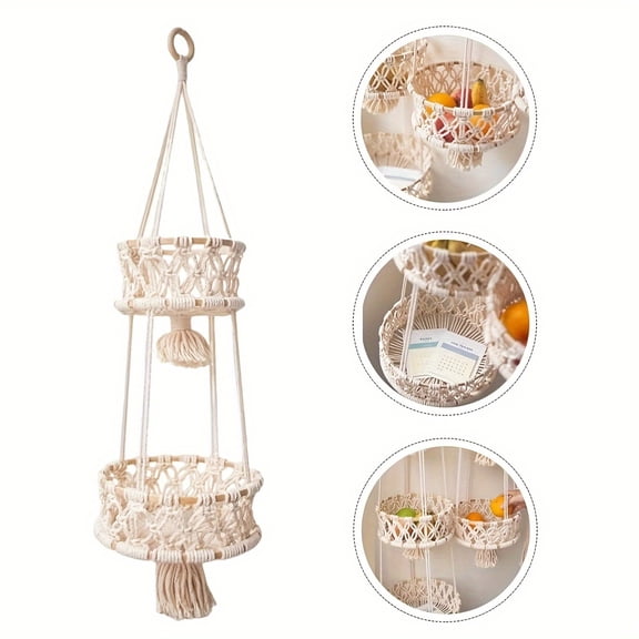 Beige Two-Tier Macrame Plant and Produce Hanger, Handwoven Rope Storage Basket for Indoor Fruits, Vegetables, or Potted Plants