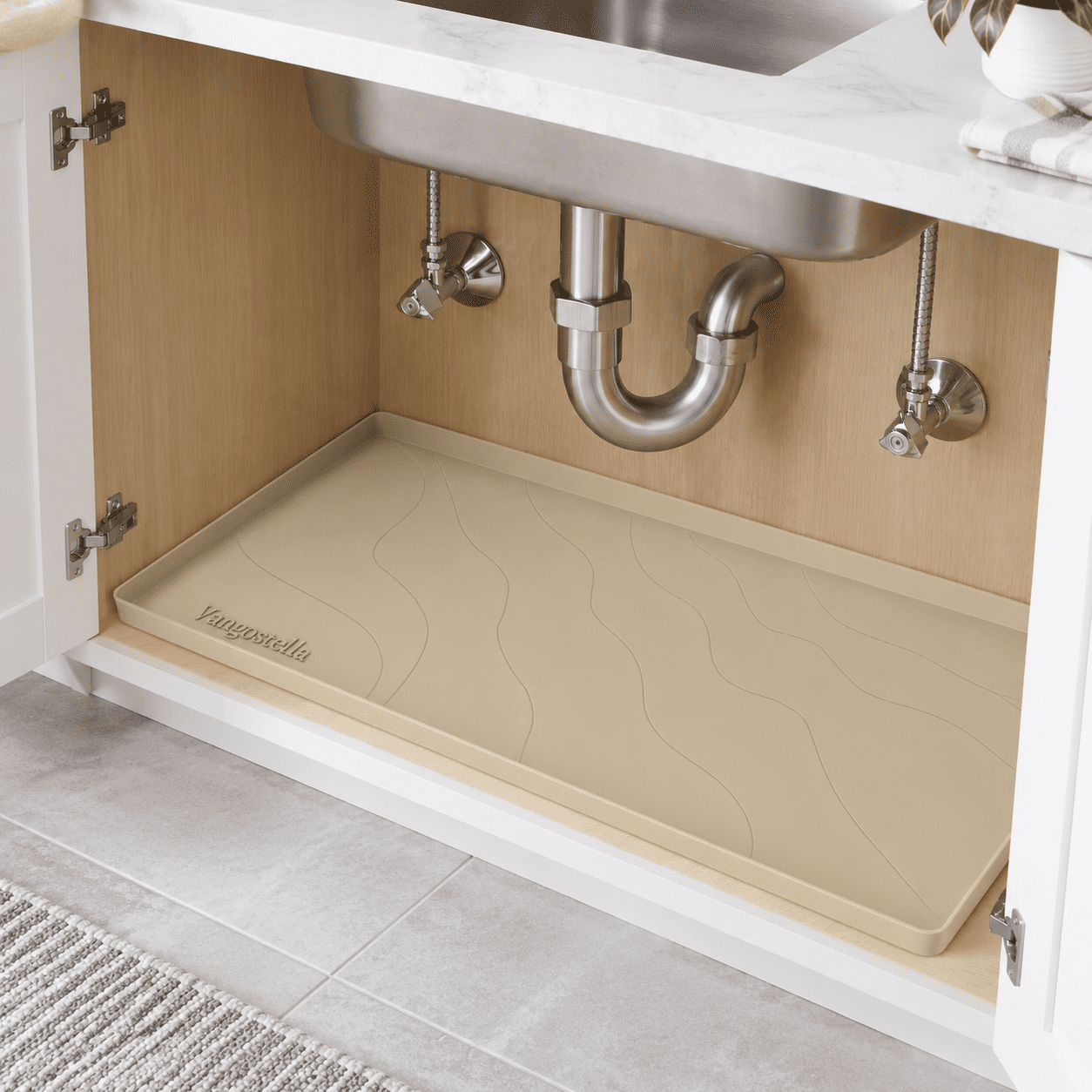 Beige Under Sink Mat 28'' x 19'' x 1'' Heavy Duty Silicone Waterproof ...