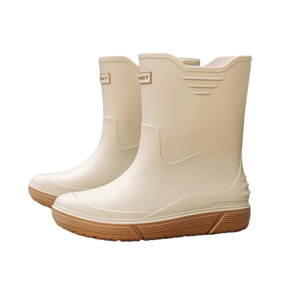 Beige Unisex Waterproof Rain Boots Short Ankle Boots Letter Print Accents Slip-Resistant Mid-Calf Boots Ideal For Wet Weather And Gardening Size 39
