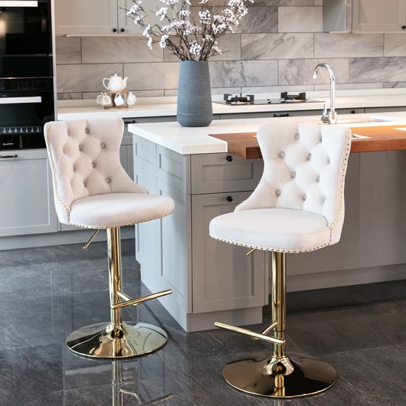 Beige Upholstered Bar Stools Of 2 - Modern Style With Adjustable Height 25-33 Inch, Comfortable Velvet, Golden Swivel, Handmade Pull-ups And Nailheads For Decoration, Home Pub & Kitchen Island Seat