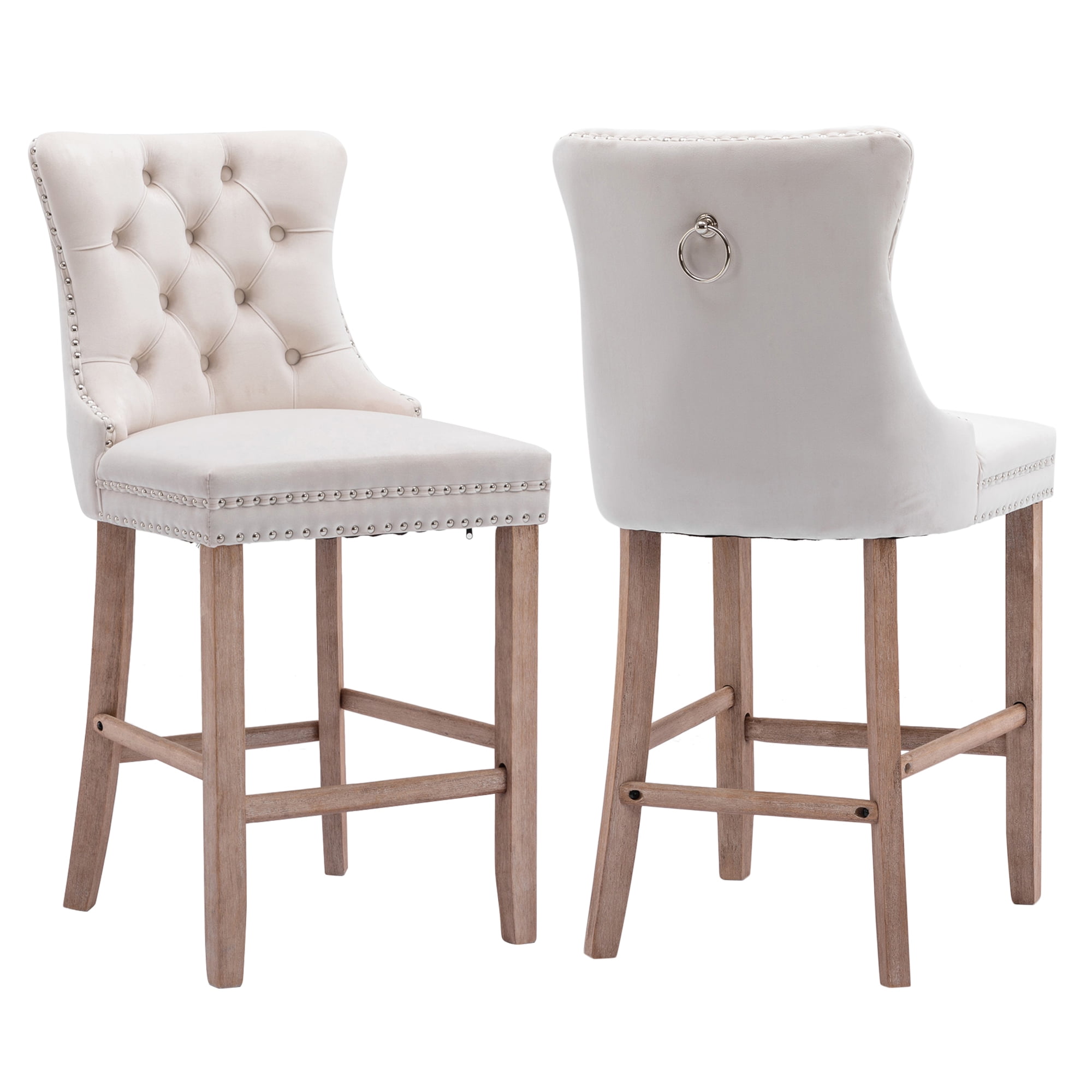 Beige Upholstered Bar Stools Set of 2, Counter Height Solid Wood Bar ...