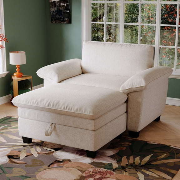 Beige Upholstered Chaise Lounge with Storage - Quick Setup for Bedroom or Living