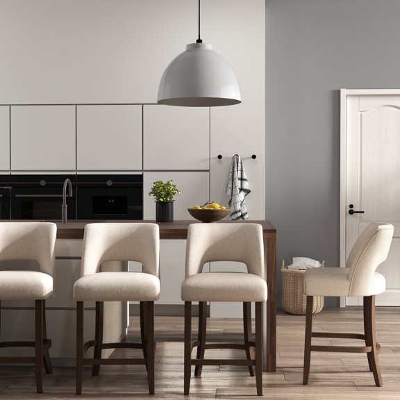 Beige Upholstered Counter Height Bar Stool with Solid Wood legs Set of 4