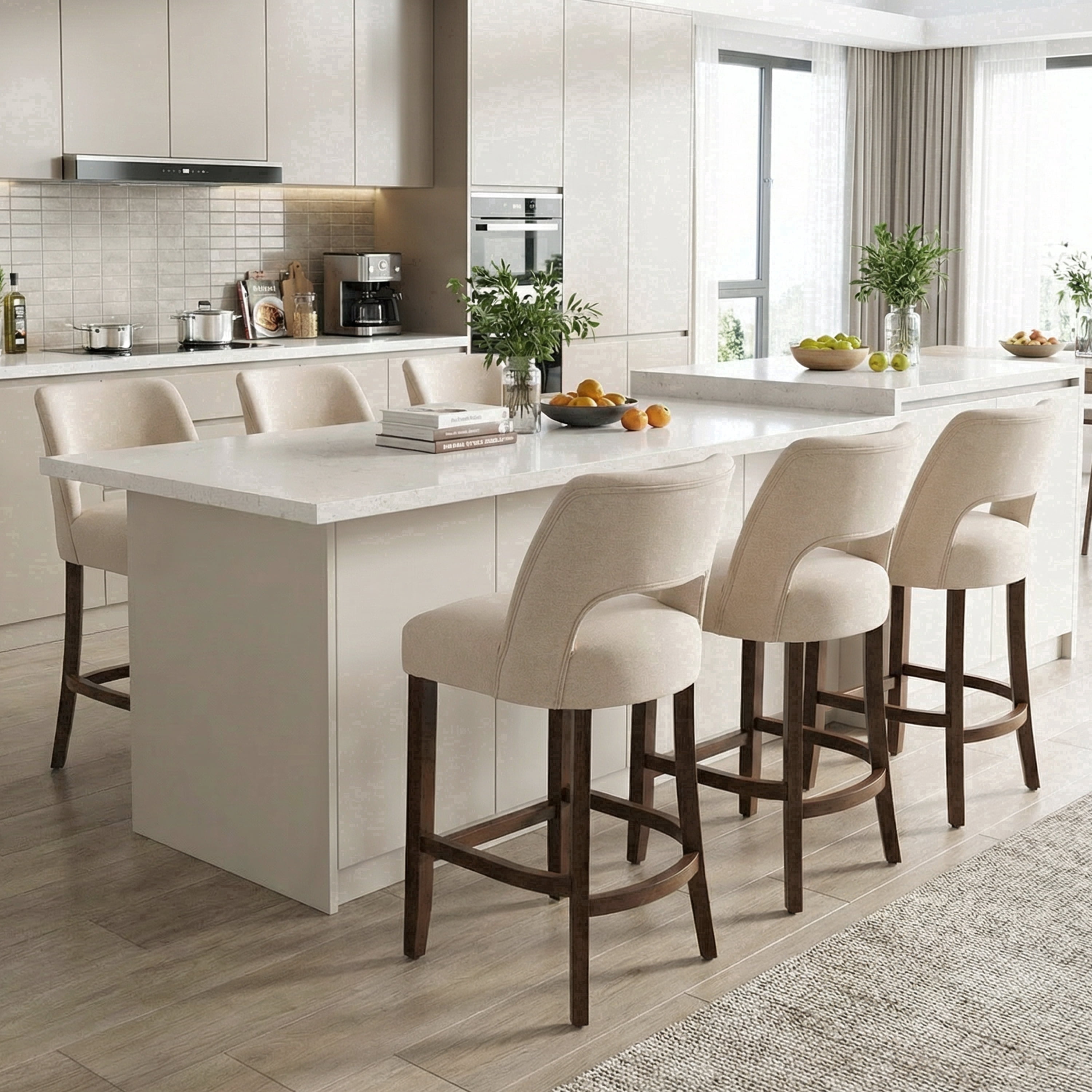 Vknow Furniture Bar Stools Set of 6, 26" Upholstered Counter Height Bar Stools, Modern Counter Stools with Wood Legs for Kitchen Island Dining Room Bar,Beige