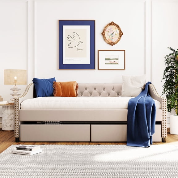 Beige Upholstered Daybed With Two Convenient Drawers & Robust Wood Slat Frame - Create A Comfy Living Space Full Size Spacious Stable Support Transform Your Bedroom Decor
