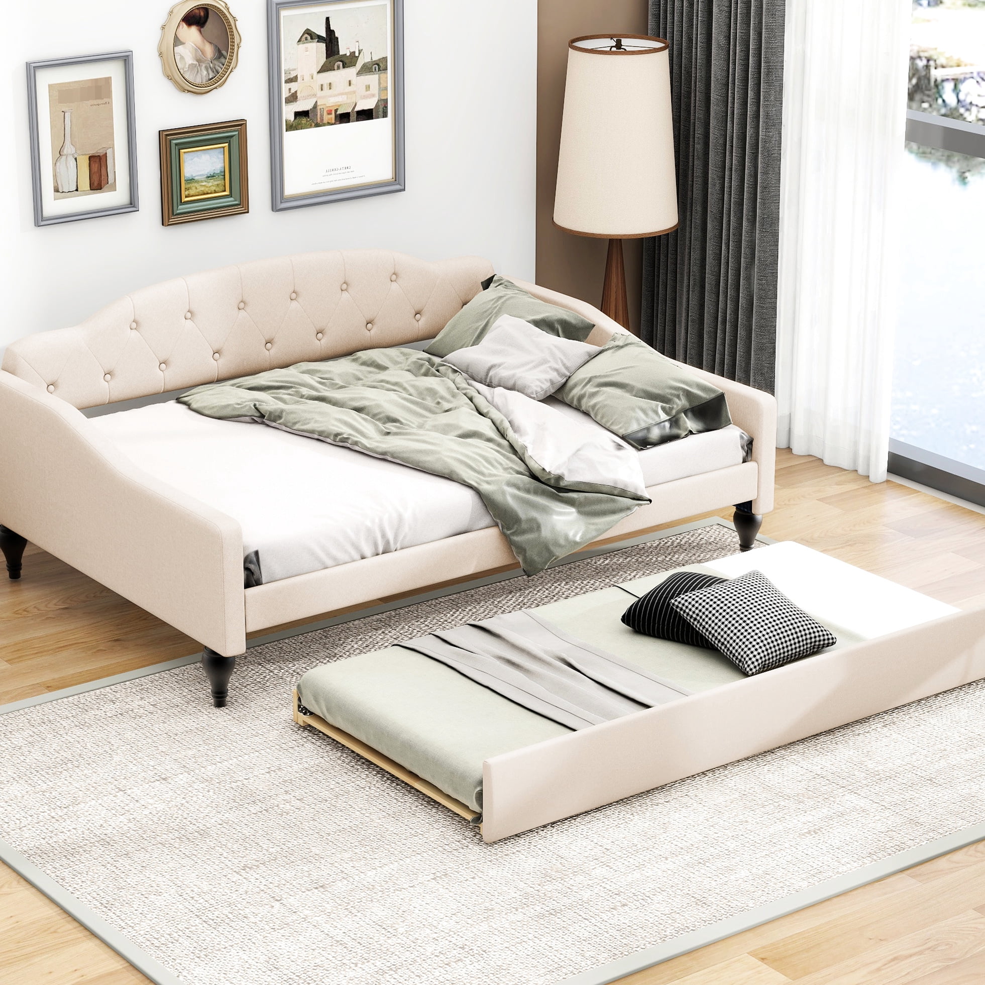 Beige Upholstered Daybed With Twin Trundle - Complements Interior ...