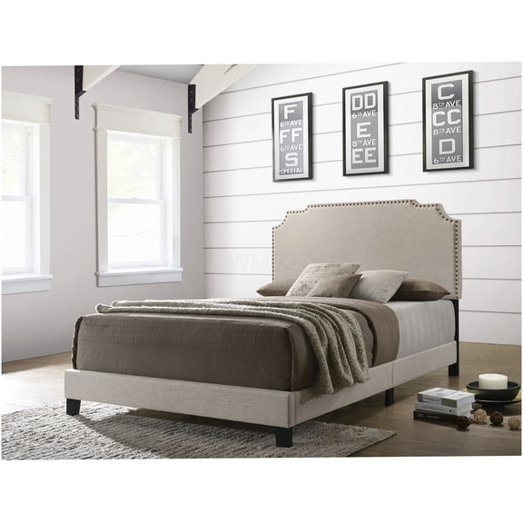 Beige Upholstered Eastern King Bed Frame with Padded Headboard, Solid Wood and MDF Construction for Bedroom