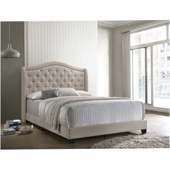 Beige Upholstered Full Size Wingback Platform Bed Frame with High Back and Side Panels, No Box Spring Needed