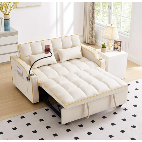Beige Upholstered Futon Couch Bed with USB Charging & Adjustable Backrest