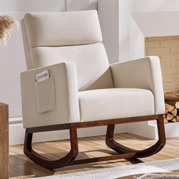 Beige Upholstered Glider Rocking Chair With Side Pocket And Solid Wood Base