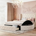 thumbnail image 1 of Beige Upholstered Queen Bed With Wingback Headboard, 1 Big Storage Drawer & 2 Side Stool Size Platform Headboard And Effective, 1 of 6