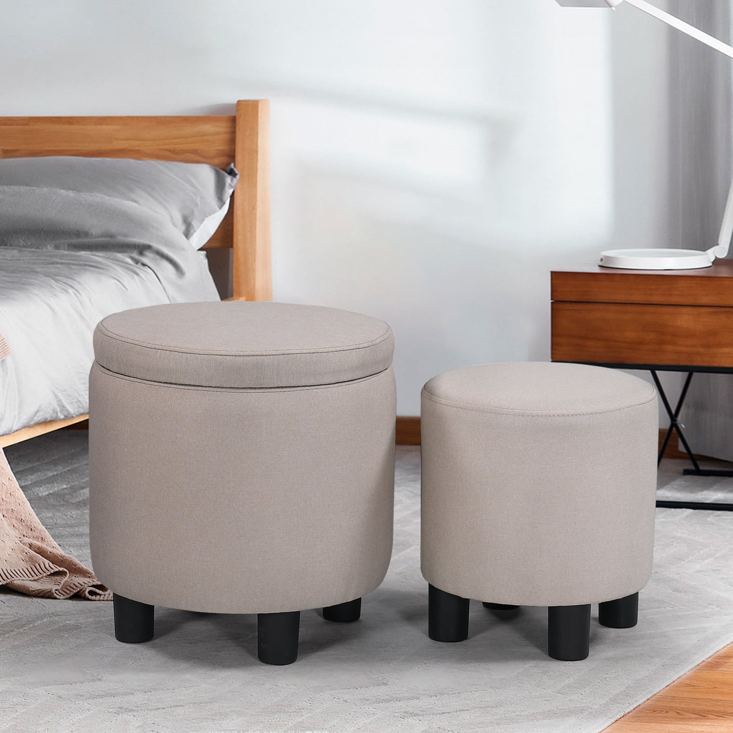 Beige Upholstered Round Fabric Tufted Footrest Ottoman Set, Storage