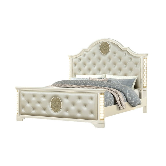 Beige Upholstery Queen Bed With Led Decorative Lights Size And Edge In