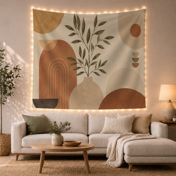 Beige Vase with Olive Stems Against Abstract Geometric Shapes, Calming Minimalist for Plant Lovers, Botanical Wall Art Decor, Housewarming Gift Tapestry Wall Hanging for Living Room and Bedroom
