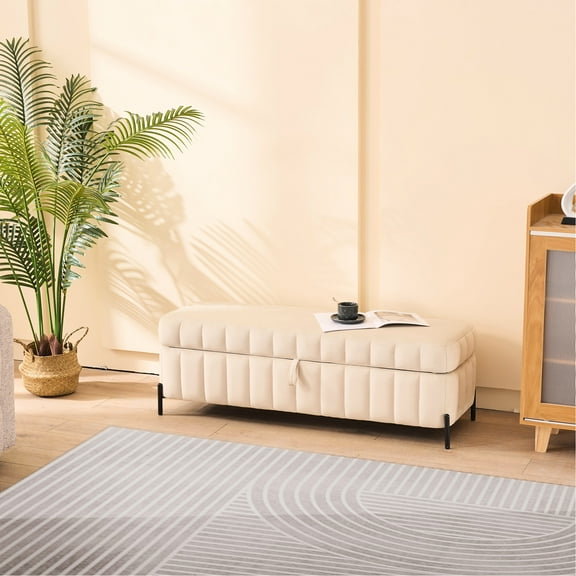 Beige Velvet 49.21" Storage Bench For Living Space, Bedroom & Hallway Area,