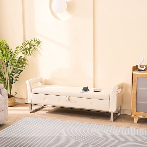 Beige Velvet Armrest Storage Bench - For Living Areas Hidden Compartment, Easy Setup To Assemble