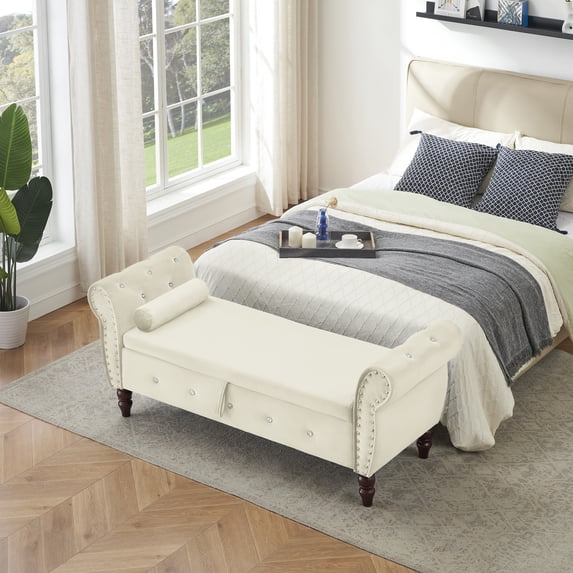 Beige Velvet Bench With Solid Wood Frame And Pillow For Nursery, Bedroom - Rectangular Legs Crystal Buckle Hallway