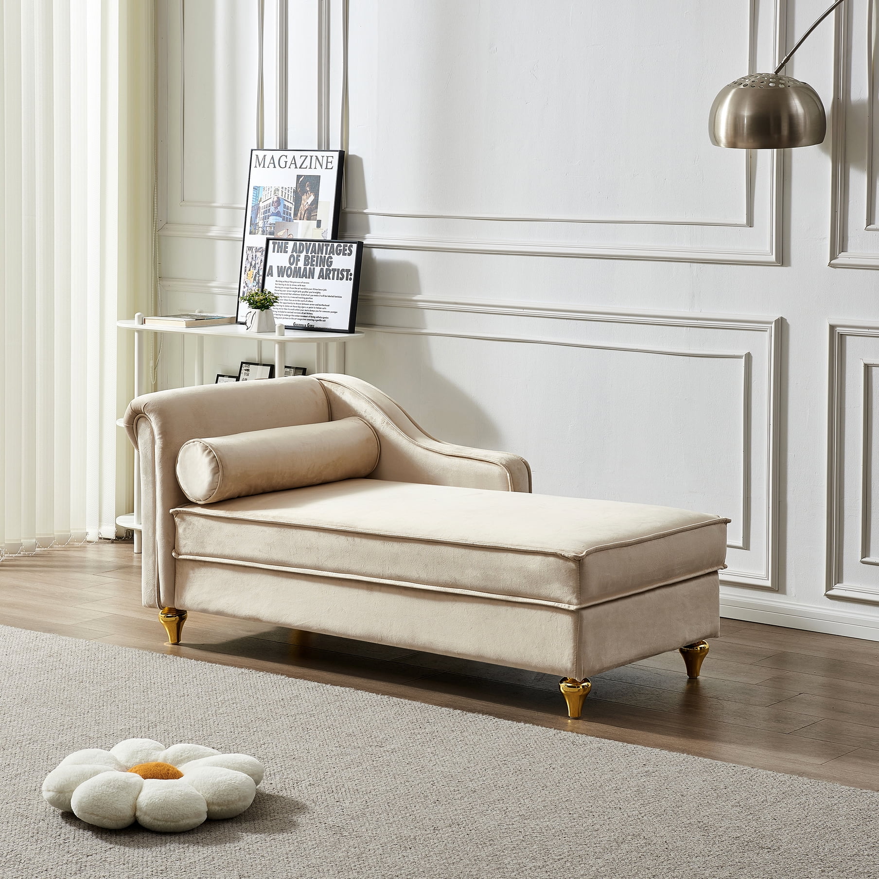 Beige Velvet Chaise Lounge Chair With Functional Storage - Decorative ...