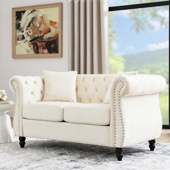 Beige Velvet Chesterfield 2 Seat Couch / Great for Relaxing After a Busy Day