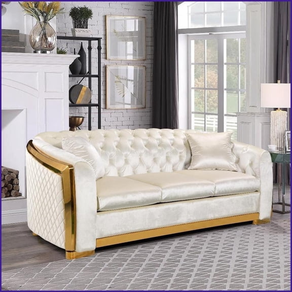 Beige Velvet Chesterfield 3-Seat Sofa | 84 Inch Tufted Living Room Couch | Rolled Arms | Cushion Back | Wood + Stainless Steel Legs