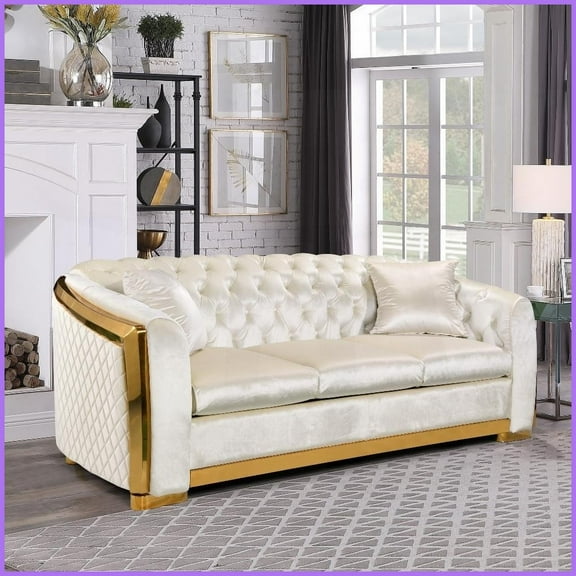 Beige Velvet Chesterfield 3-Seat Sofa - 84” Tufted Living Room Couch with Gold Stainless Accents