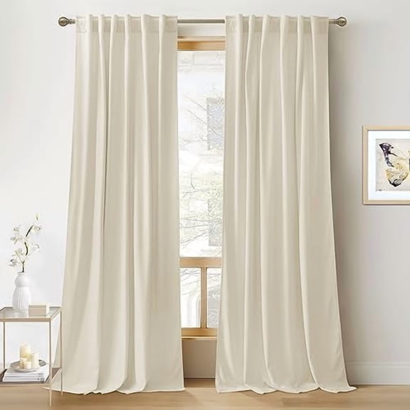 Beige Velvet Curtains 100 inches, Back Tab Soft Fabric Room Darkening Thermal Insulated Luxurious Home Decor Curtains for Living Room Bedroom, W 52" x L 100", 2 Panels Set