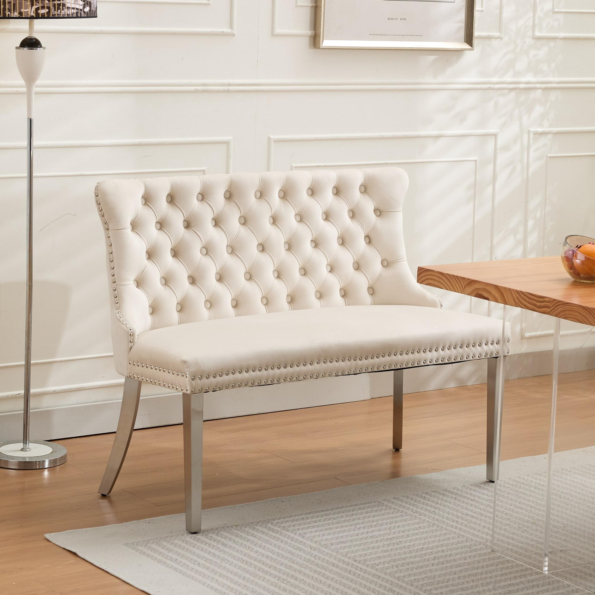 Beige Velvet Double Dining Loveseat Bench, 2-Seat Tufted Wingback with Gold-Plated Stainless Steel Legs, Mid Century Modern Kitchen & Dining Seating