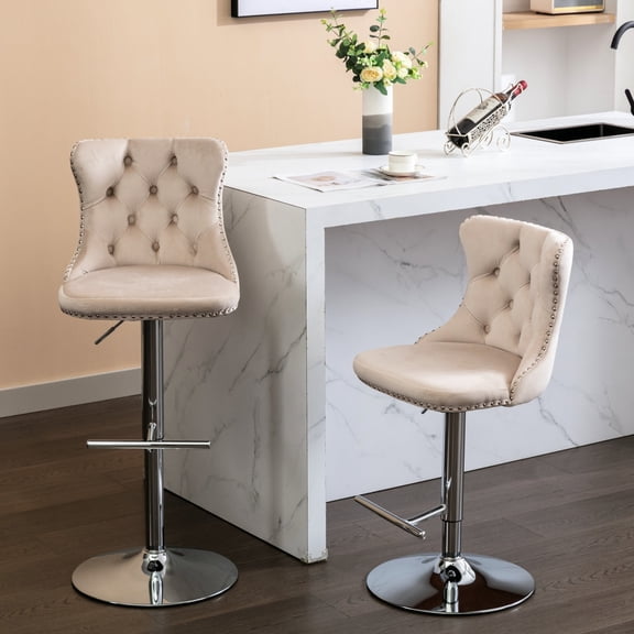 Beige Velvet Finish - Adjustable Seat from 25 - 33 Inches - Home Dining Area - Simple and Comfortable Set